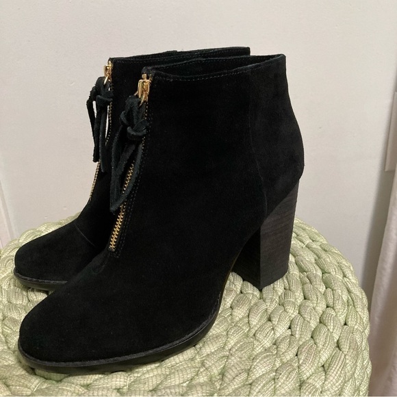 French Connection Black Suede Front Zipper Block Heel Ankle Boots - Picture 2 of 8